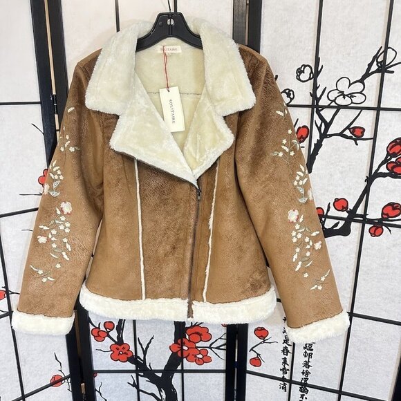 Solitaire Embroidered Faux Suede Zip Front Faux Fur Lined Moto Jacket Size L New